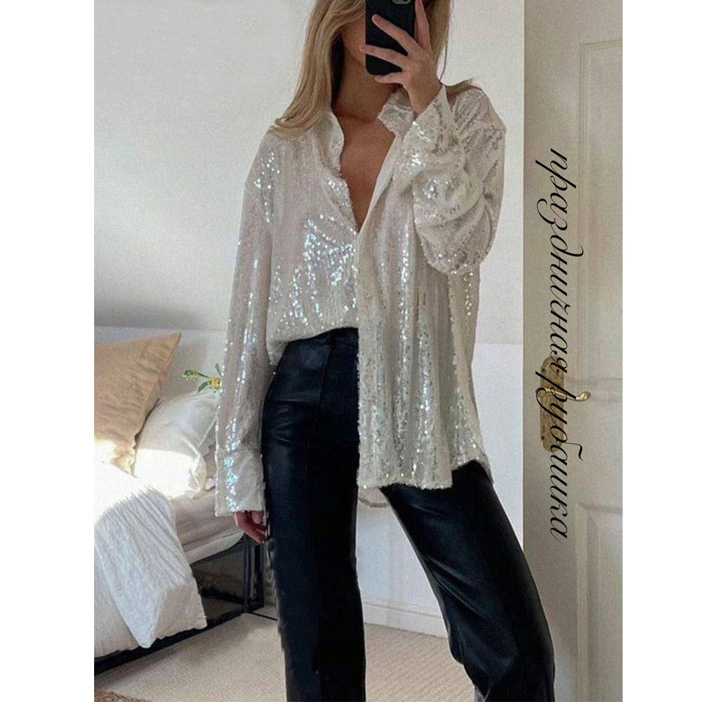 Sequin Button Up Long Sleeve Shirt for Women - Olga