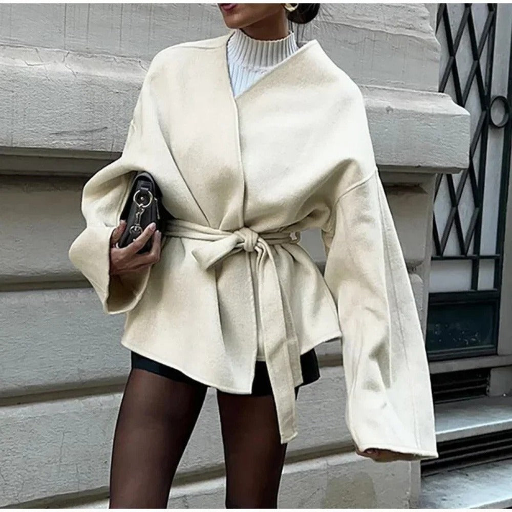 Beige Wrap Belted Coat with Long Sleeves for Women - Iride