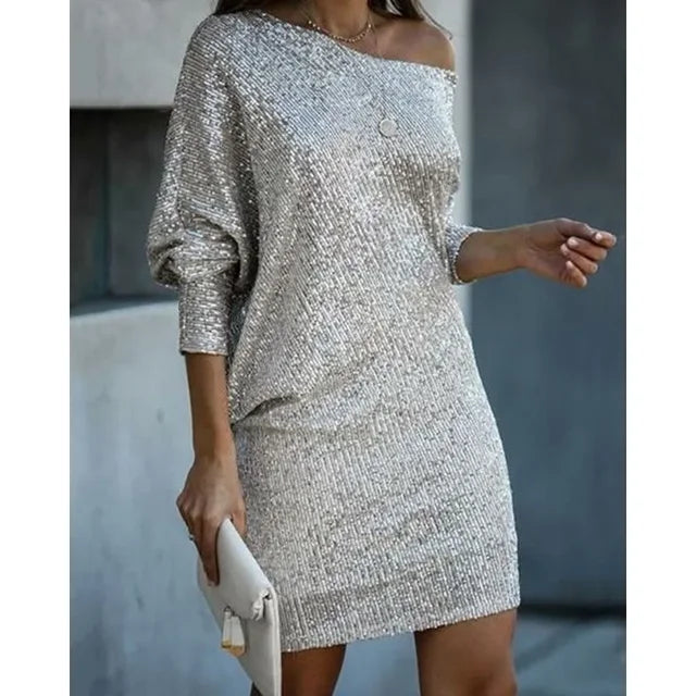 Sequin Sloping Shoulders Dress | Midi
