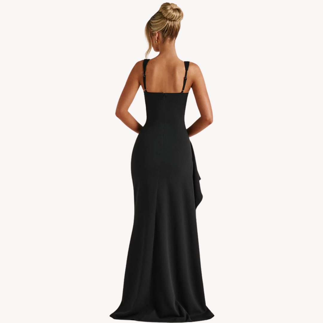 Party Black Satin Slit Dress | Maxi