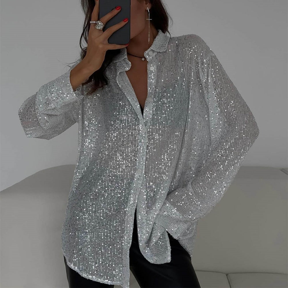Sequin Button Up Long Sleeve Shirt for Women - Olga