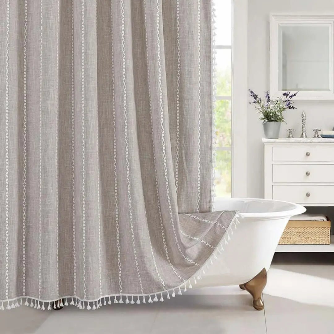 Bohemian Leinen-Duschvorhang mit Quasten und wasserdichtem Design