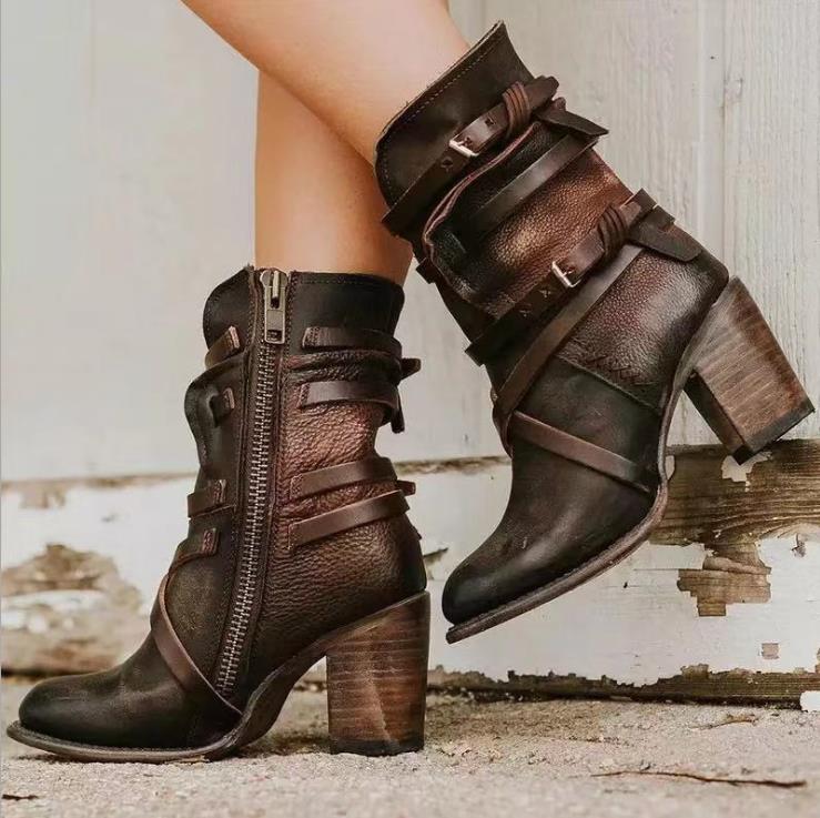 Women's Distressed Leather Boots | Chunky Heel