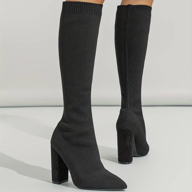 Women's Sock Knee High Boots | Block Heel