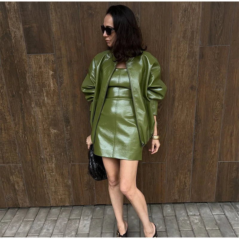 Women's Zip Up Leather Jacket | High Neck