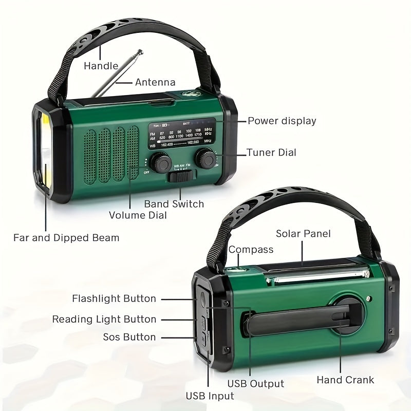 Notfallradio mit 10.000 mAh Powerbank | Solar-, Kurbel- & USB-C-Ladung | LED-Licht, SOS-Alarm & Kompass | AM/FM/NOAA