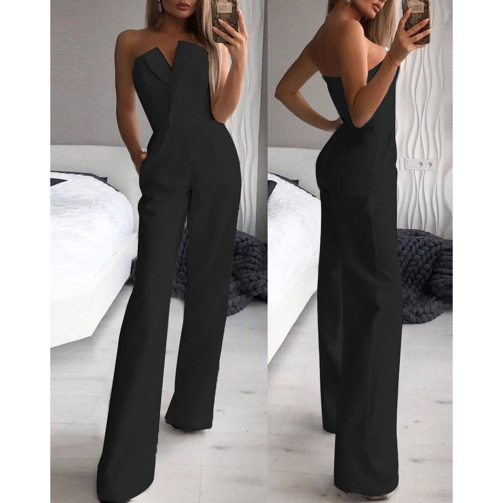 Strapless Wide Leg Jumpsuit with Pockets for Women - Sara