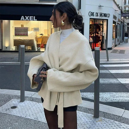 Beige Wrap Belted Coat with Long Sleeves for Women - Iride