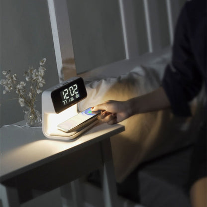 3-in-1 Nachttischlampe mit kabelloser Ladestation – LCD-Wecker & Touch-Dimmbares LED-Tischlicht