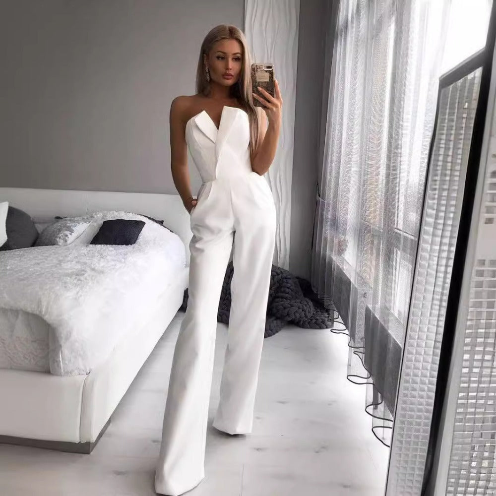 Strapless Wide Leg Jumpsuit with Pockets for Women - Sara