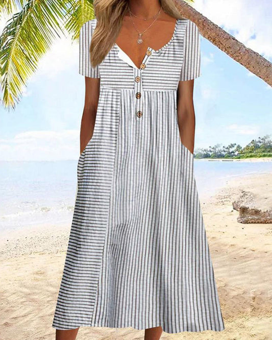 Damen Kurzen Ärmeln Gestreiftes Sommerkleid | mit Taschen