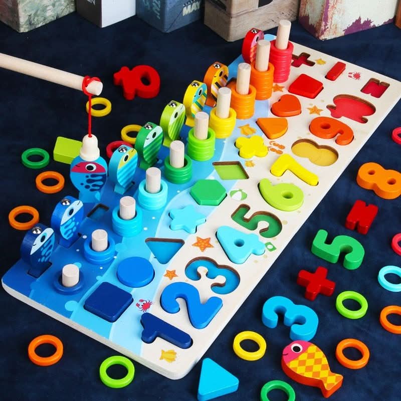 Holz Montessori Lernbrett – Lernspiel zum Entdecken von Zahlen, Formen und Farben