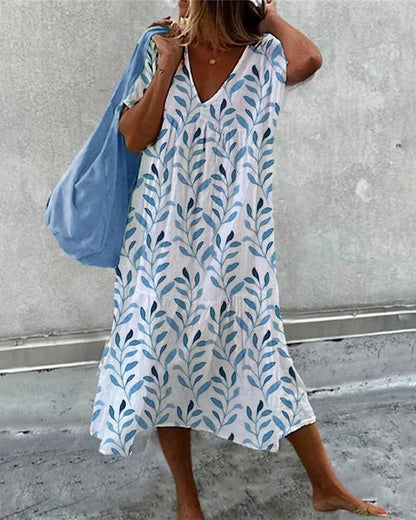 Damen V-Ausschnitt Blätterprint Sommerkleid | Midi