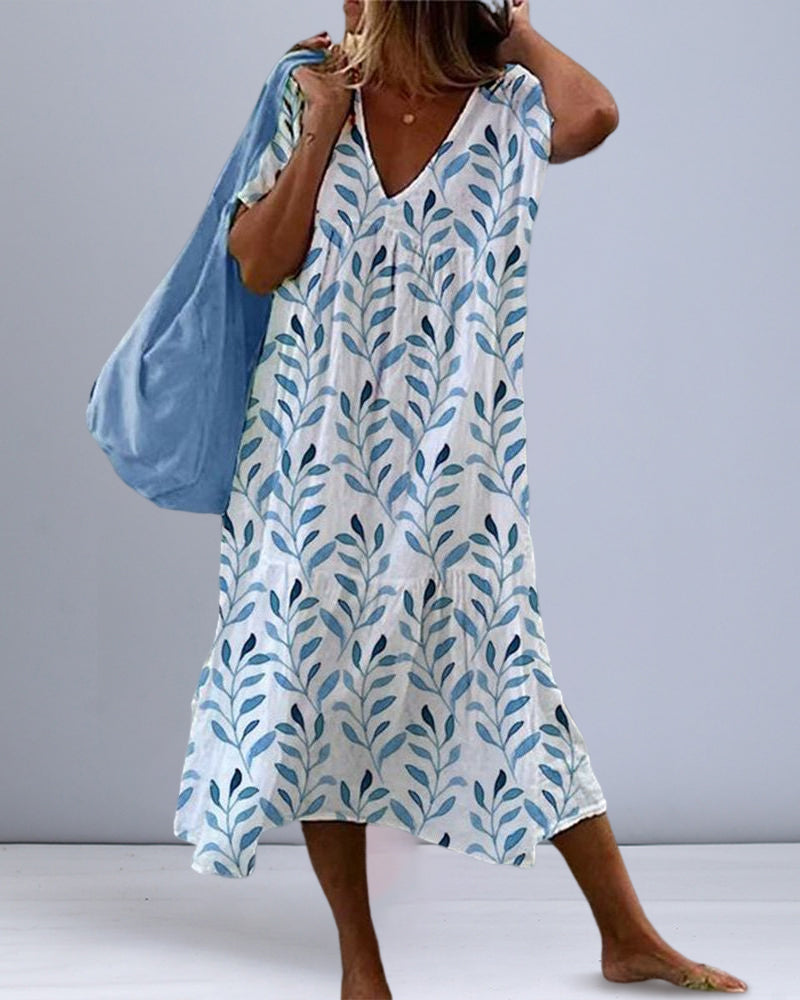 Damen V-Ausschnitt Blätterprint Sommerkleid | Midi