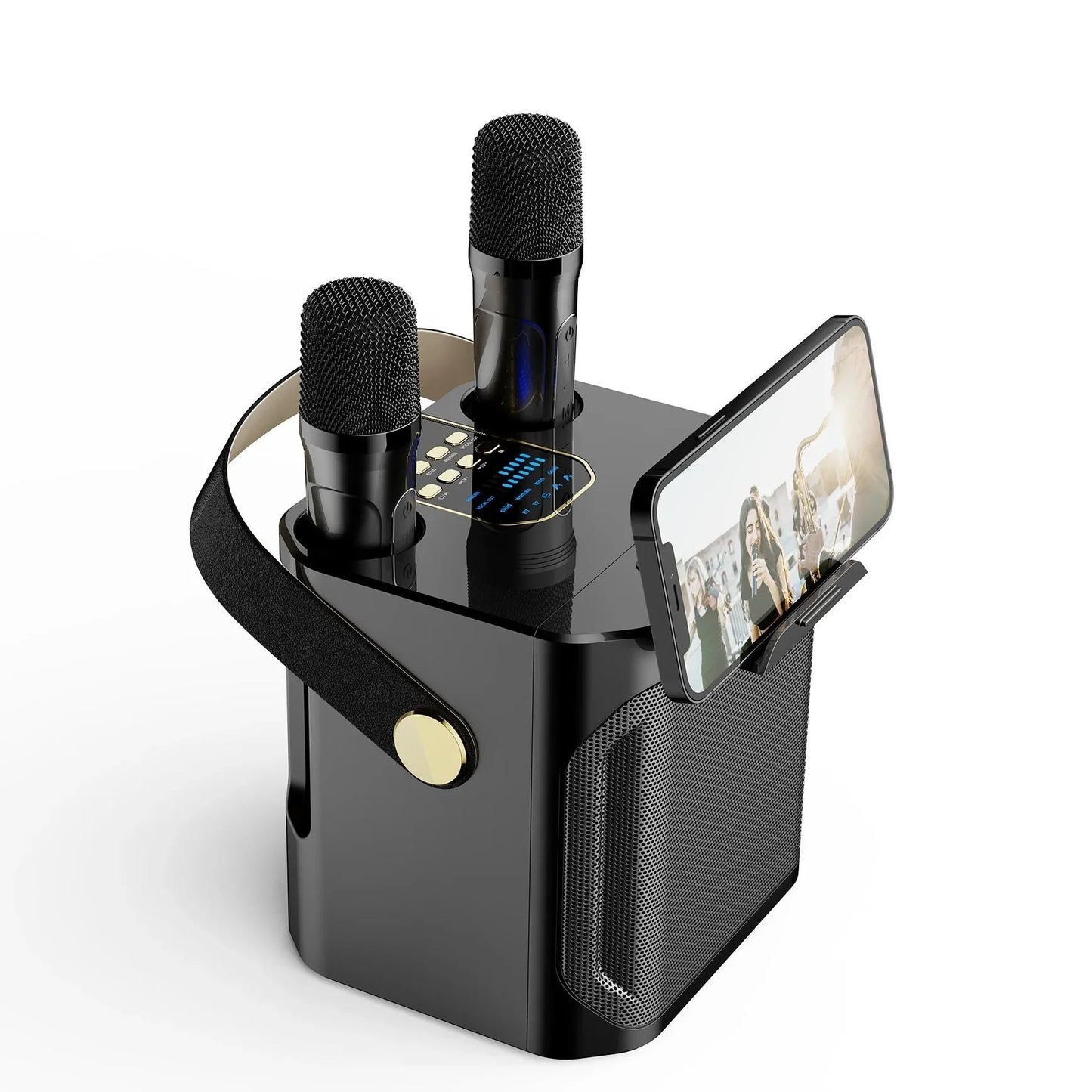 Hochleistungsfähiger tragbarer Karaoke Bluetooth Lautsprecher – 360° Stereo Surround Drahtloser Subwoofer mit zwei Mikrofonen