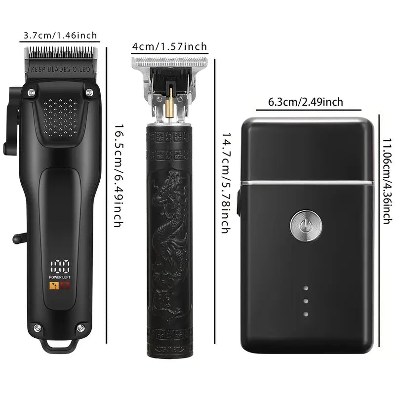 3-teilige professionelle Haar- und Bartpflegeset für Männer, kabellose Trimmer mit LED-Display, USB wiederaufladbar