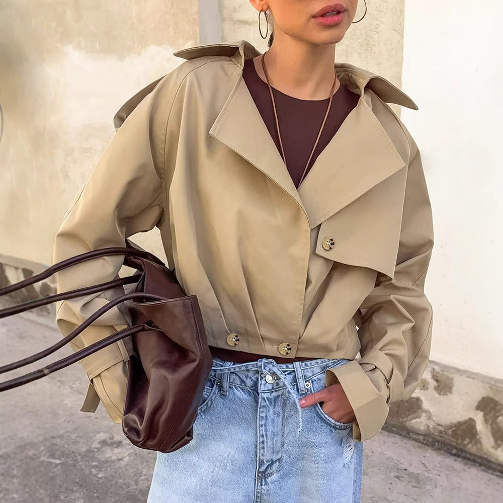 Khakifarbener Kurz-Trenchcoat mit breitem Kragen für Damen – Romana
