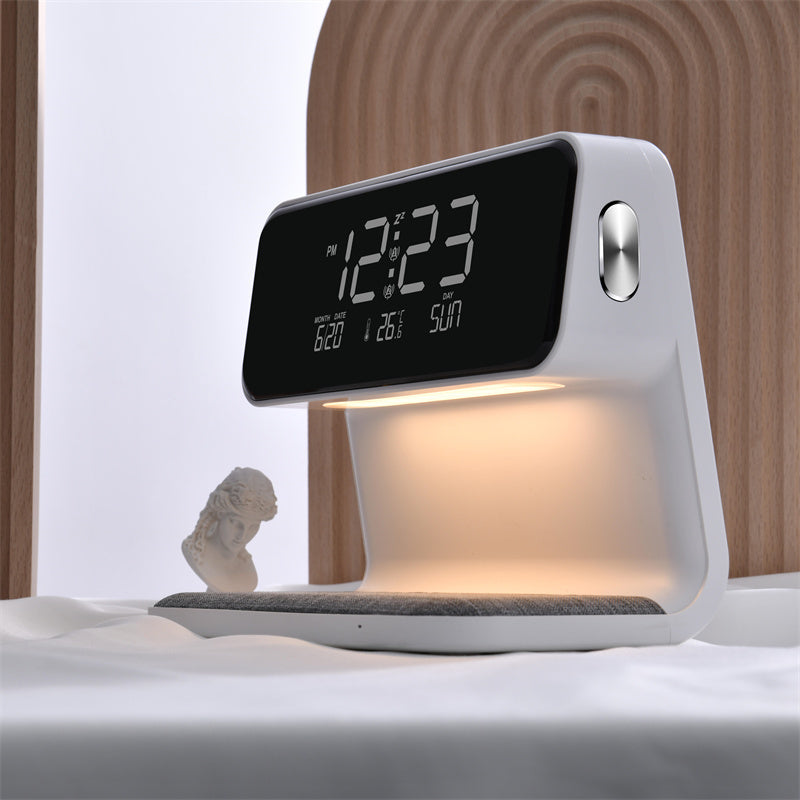 3-in-1 Nachttischlampe mit kabelloser Ladestation – LCD-Wecker & Touch-Dimmbares LED-Tischlicht