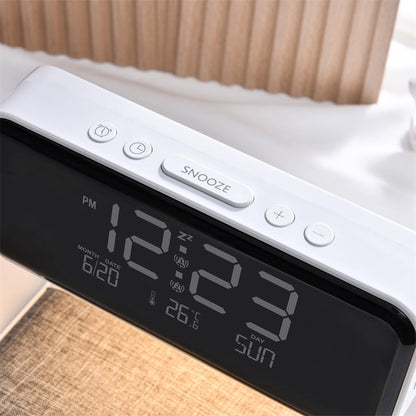 3-in-1 Nachttischlampe mit kabelloser Ladestation – LCD-Wecker & Touch-Dimmbares LED-Tischlicht