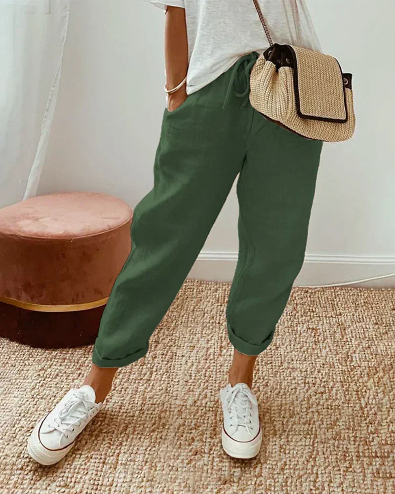 Damen Lässig Lockere Passform Leinenhose | mit Kordelzug