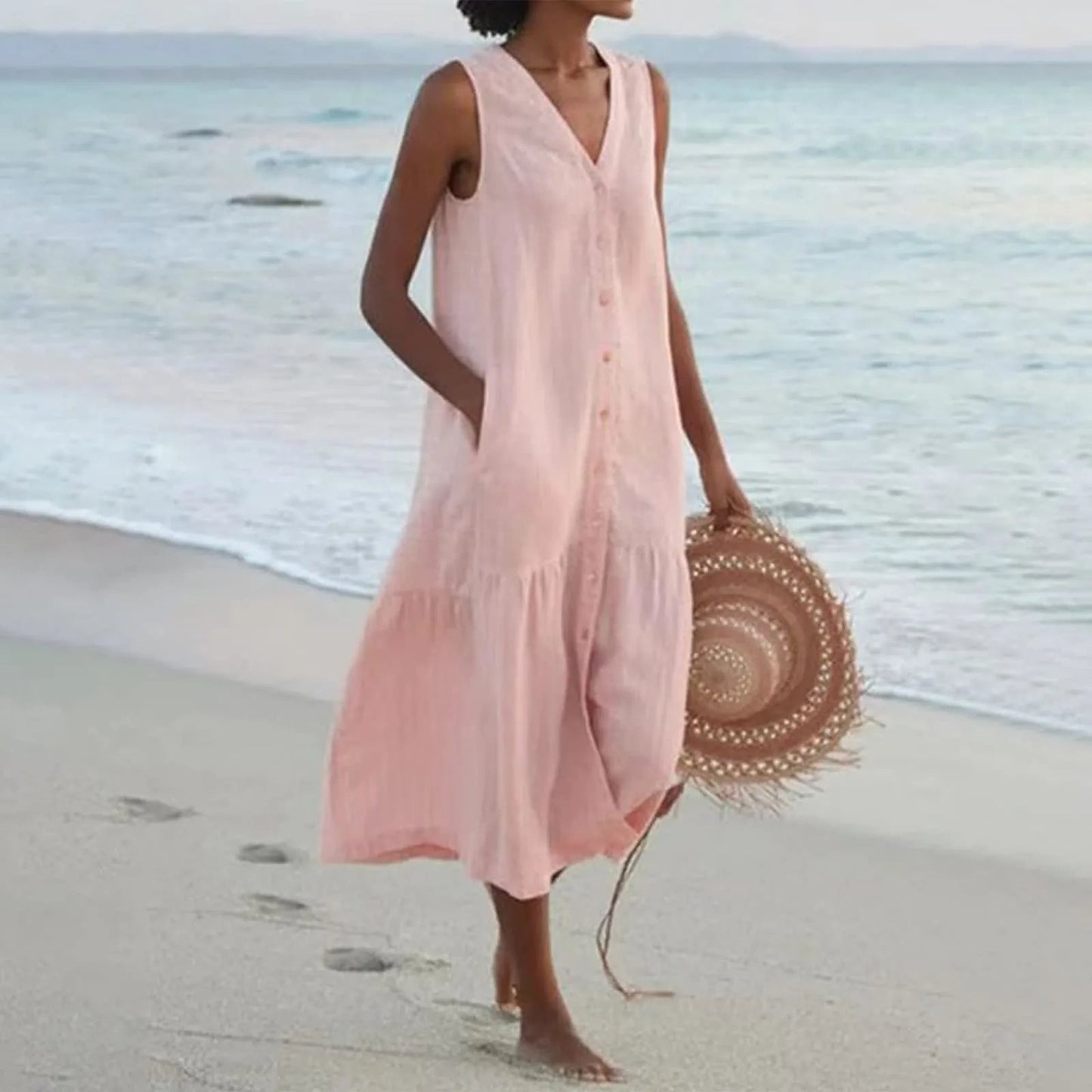 Damen Ärmellos V-Ausschnitt Strandkleid | Midi