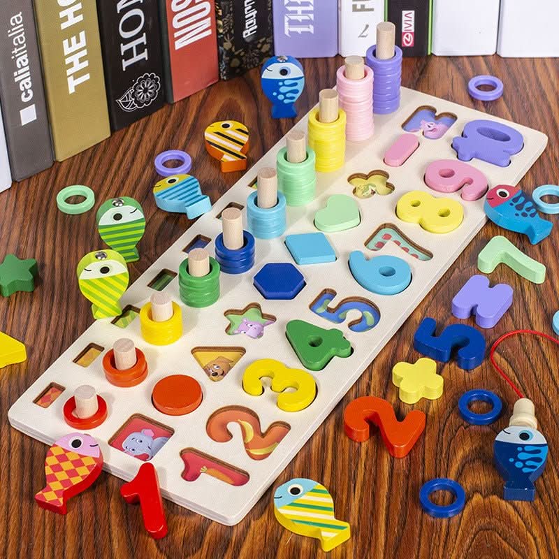 Holz Montessori Lernbrett – Lernspiel zum Entdecken von Zahlen, Formen und Farben
