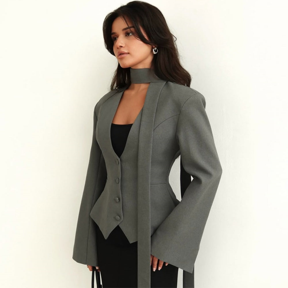 Langärmlige Blazerjacke mit Schal für Damen - Rosella