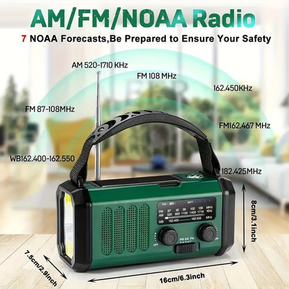 Notfallradio mit 10.000 mAh Powerbank | Solar-, Kurbel- & USB-C-Ladung | LED-Licht, SOS-Alarm & Kompass | AM/FM/NOAA