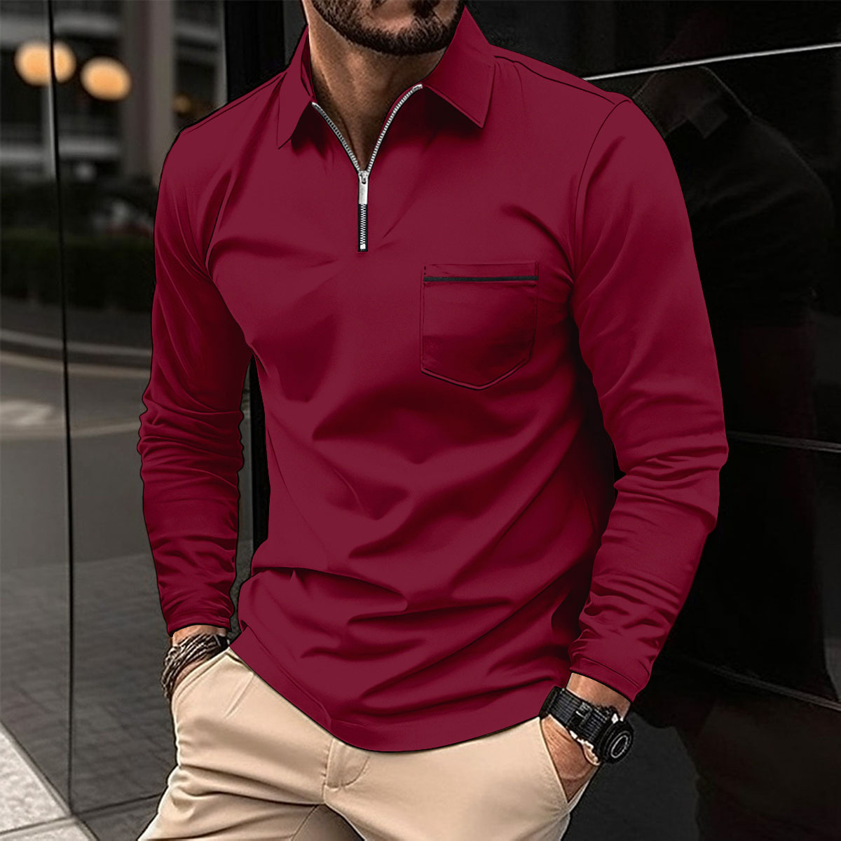 Herren Langarm-Polohemd | Reißverschluss