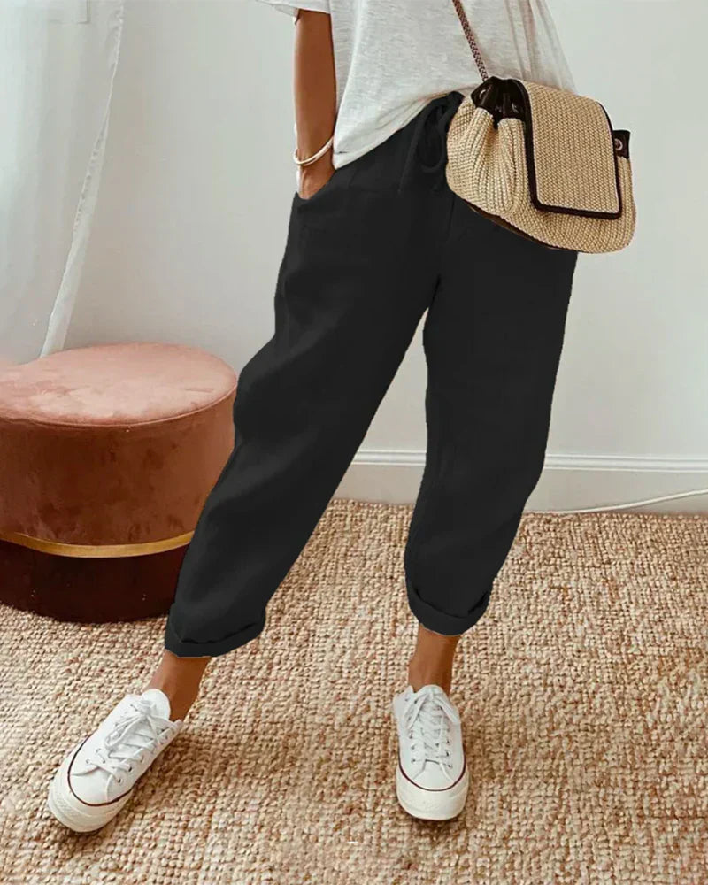 Damen Lässig Lockere Passform Leinenhose | mit Kordelzug