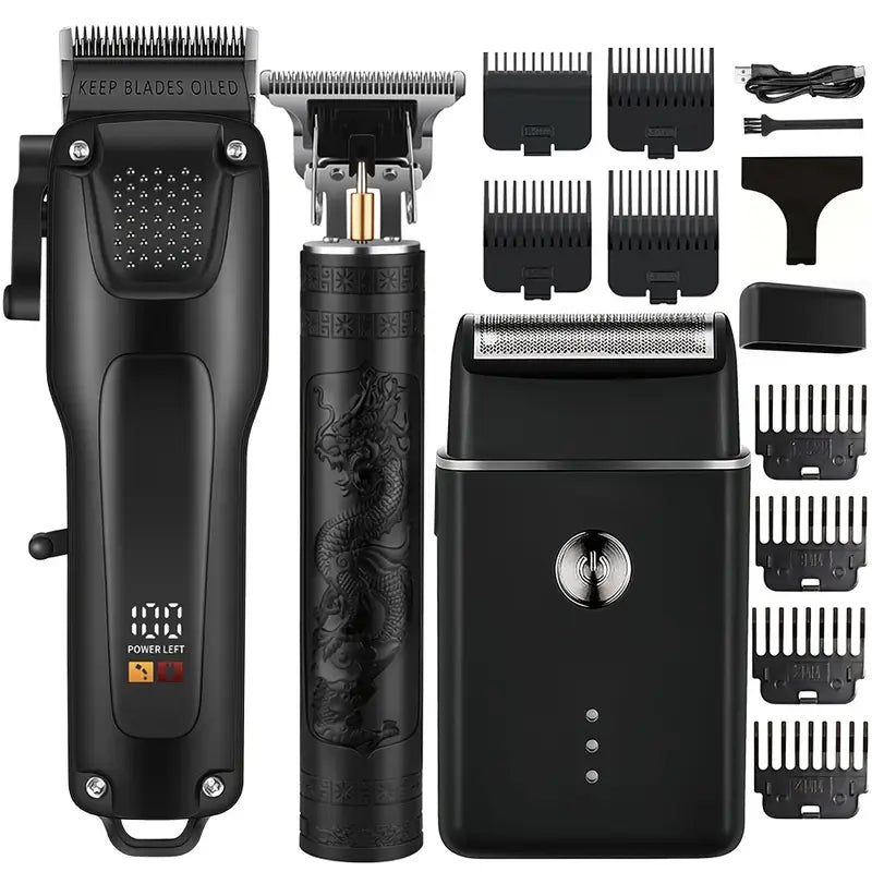 3-teilige professionelle Haar- und Bartpflegeset für Männer, kabellose Trimmer mit LED-Display, USB wiederaufladbar