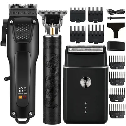 3-teilige professionelle Haar- und Bartpflegeset für Männer, kabellose Trimmer mit LED-Display, USB wiederaufladbar
