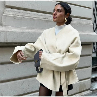 Beige Wrap Belted Coat with Long Sleeves for Women - Iride