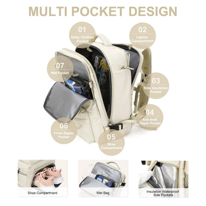 Damen 35L Reiserrucksack | Wasserdicht mit USB-Anschluss | Diebstahlschutz-Design & Schuhfach | Ideal für Wandern, Alltag & Reisen