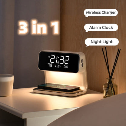 3-in-1 Nachttischlampe mit kabelloser Ladestation – LCD-Wecker & Touch-Dimmbares LED-Tischlicht