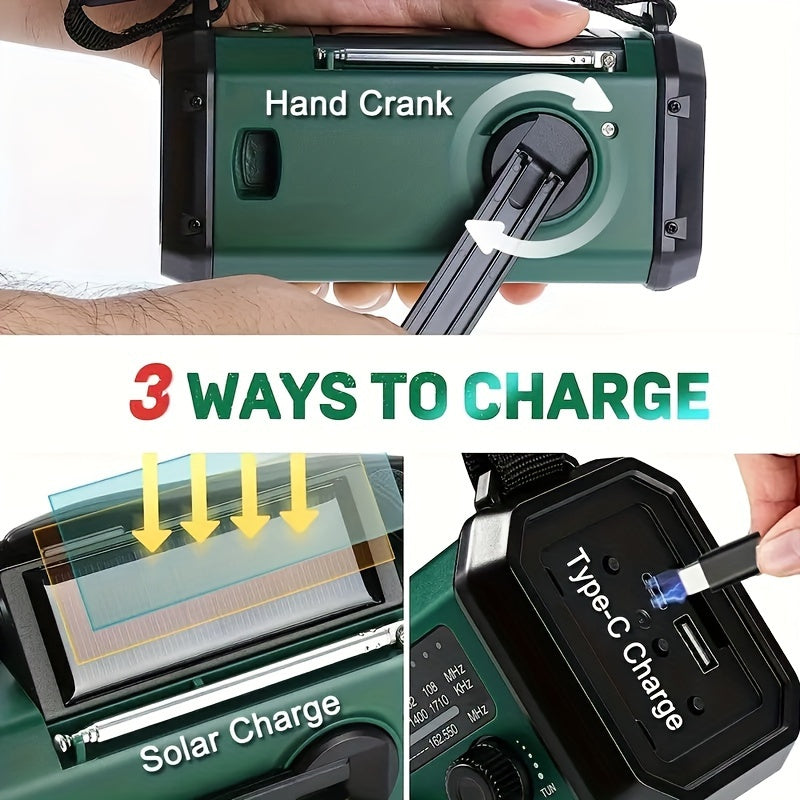 Notfallradio mit 10.000 mAh Powerbank | Solar-, Kurbel- & USB-C-Ladung | LED-Licht, SOS-Alarm & Kompass | AM/FM/NOAA
