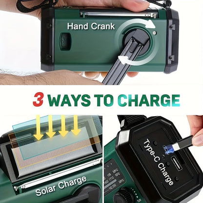 Notfallradio mit 10.000 mAh Powerbank | Solar-, Kurbel- & USB-C-Ladung | LED-Licht, SOS-Alarm & Kompass | AM/FM/NOAA