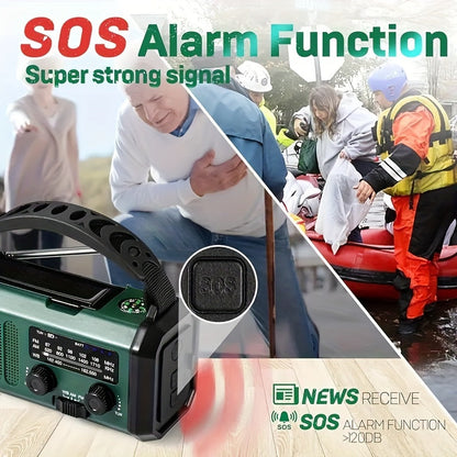 Notfallradio mit 10.000 mAh Powerbank | Solar-, Kurbel- & USB-C-Ladung | LED-Licht, SOS-Alarm & Kompass | AM/FM/NOAA
