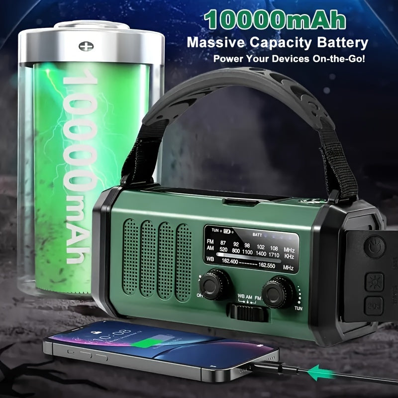 Notfallradio mit 10.000 mAh Powerbank | Solar-, Kurbel- & USB-C-Ladung | LED-Licht, SOS-Alarm & Kompass | AM/FM/NOAA