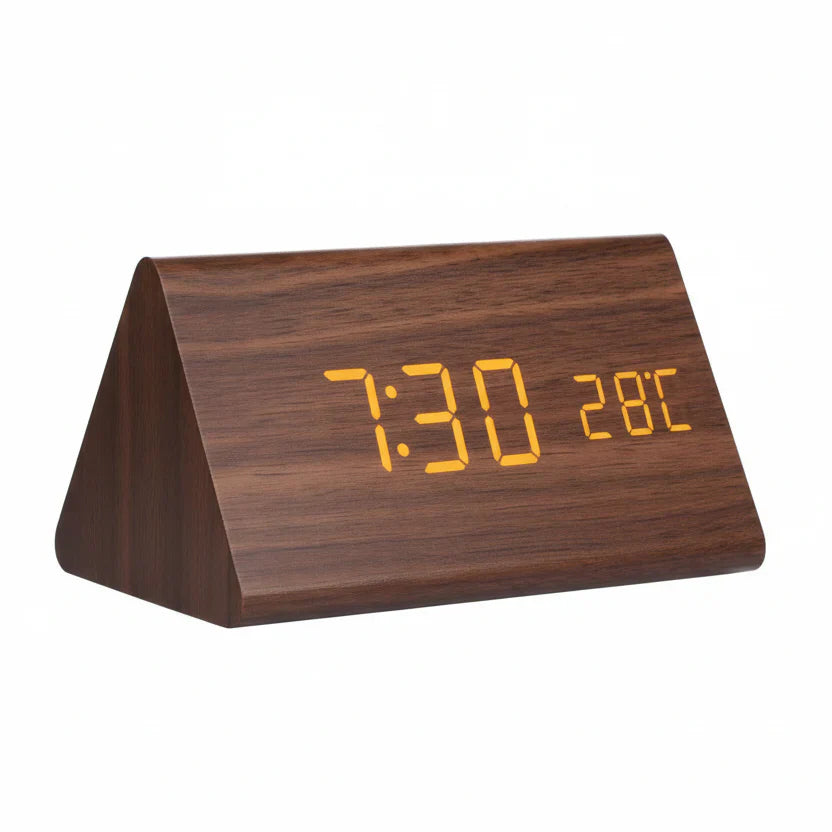 Holzlook LED-Wecker mit drei Alarmen, Temperaturanzeige und einstellbarer Helligkeit