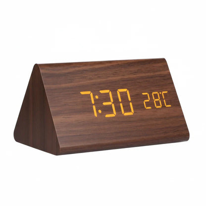 Holzlook LED-Wecker mit drei Alarmen, Temperaturanzeige und einstellbarer Helligkeit