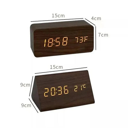 Holzlook LED-Wecker mit drei Alarmen, Temperaturanzeige und einstellbarer Helligkeit
