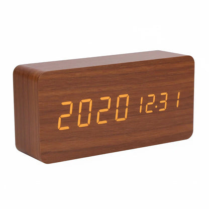 Holzlook LED-Wecker mit drei Alarmen, Temperaturanzeige und einstellbarer Helligkeit