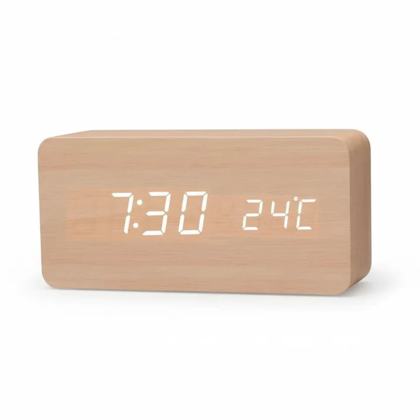 Holzlook LED-Wecker mit drei Alarmen, Temperaturanzeige und einstellbarer Helligkeit