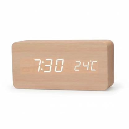 Holzlook LED-Wecker mit drei Alarmen, Temperaturanzeige und einstellbarer Helligkeit