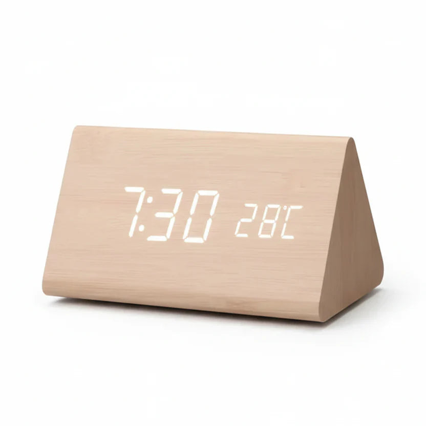 Holzlook LED-Wecker mit drei Alarmen, Temperaturanzeige und einstellbarer Helligkeit