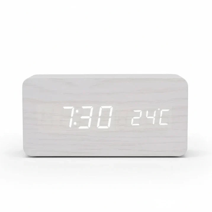 Holzlook LED-Wecker mit drei Alarmen, Temperaturanzeige und einstellbarer Helligkeit