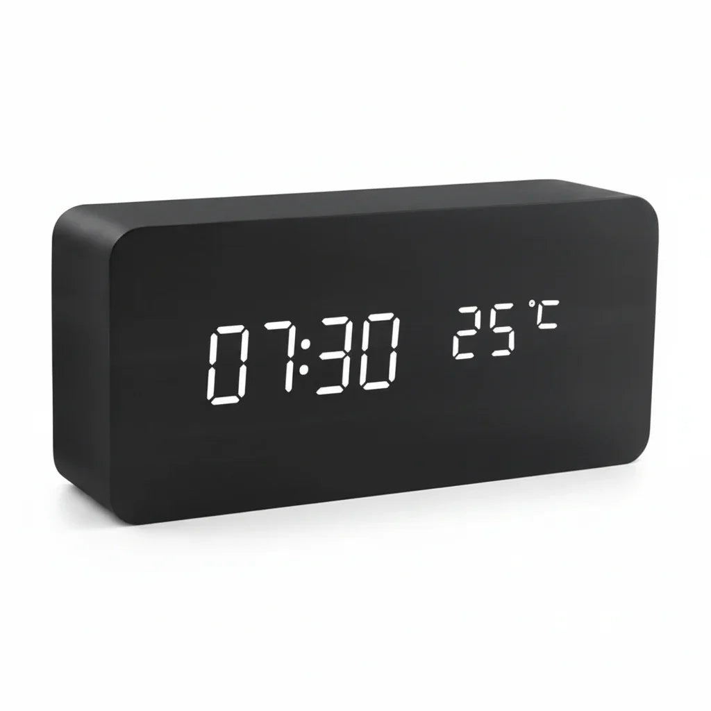 Holzlook LED-Wecker mit drei Alarmen, Temperaturanzeige und einstellbarer Helligkeit