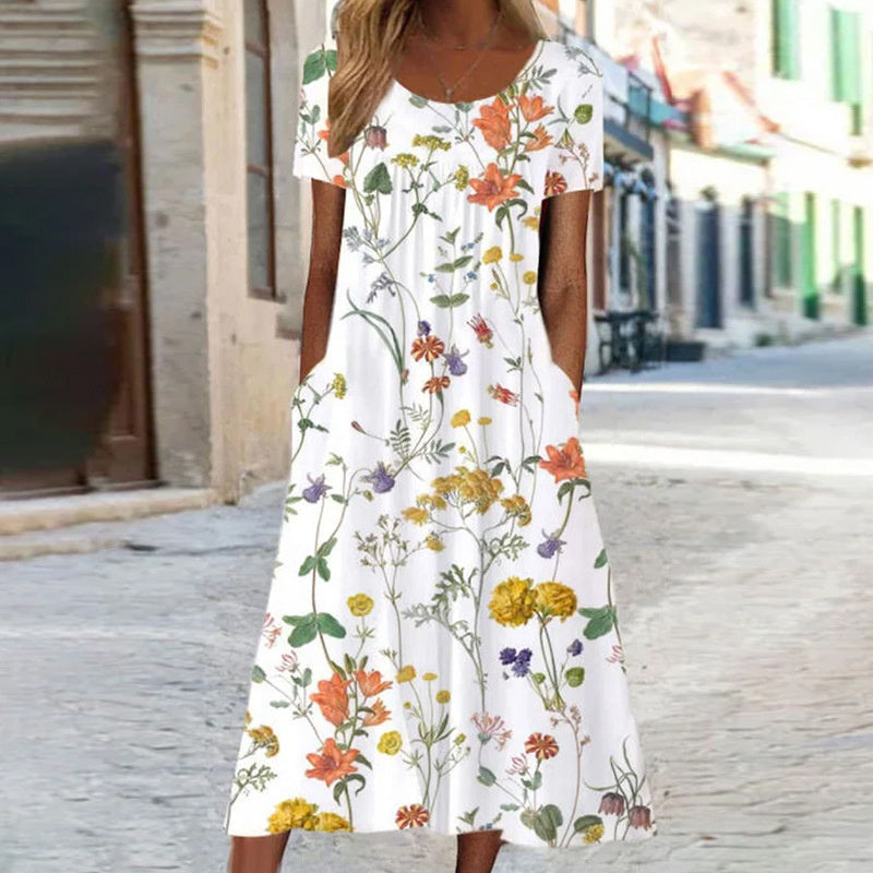Damen Blumenmuster Sommerkleid mit Taschen | Midi