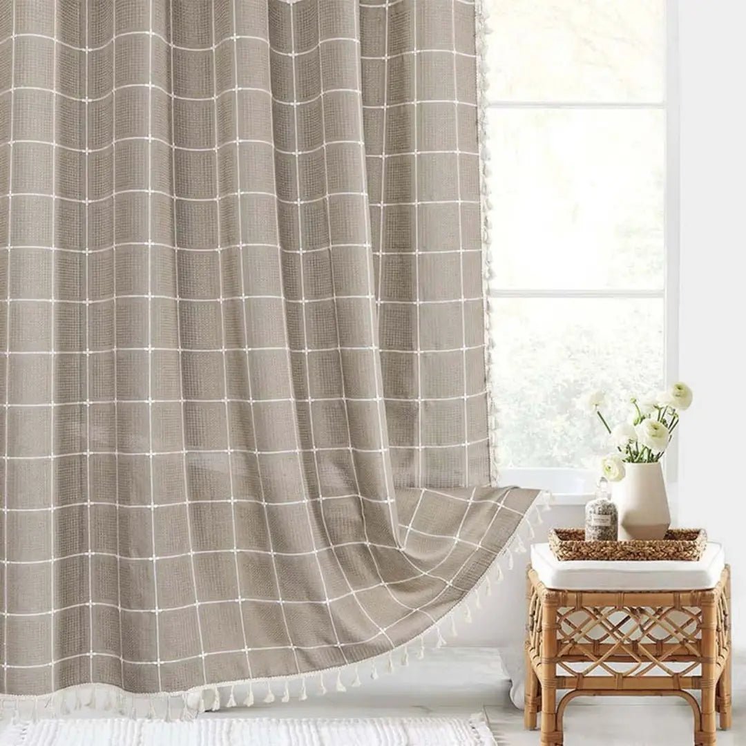 Bohemian Leinen-Duschvorhang mit Quasten und wasserdichtem Design